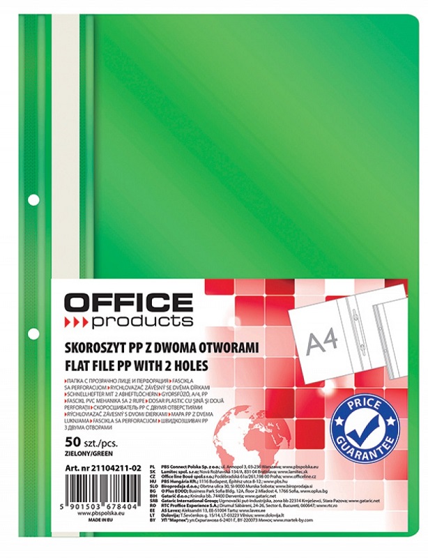 Dosar plastic PP cu sina, cu gauri, grosime 100/170 microni, 50 buc/set, Office Products - verde