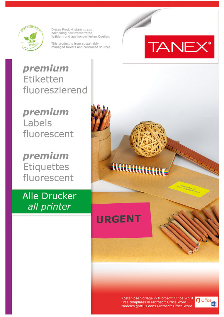 Etichete color autoadezive, 24/A4, 64 x 34mm, 25 coli/top, TANEX - rosu fluorescent
