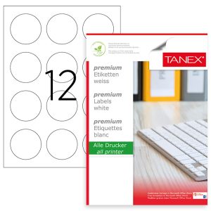 Etichete albe autoadezive, repozitionabile, rotunde - D60mm, 12/A4, 25 coli/top, TANEX
