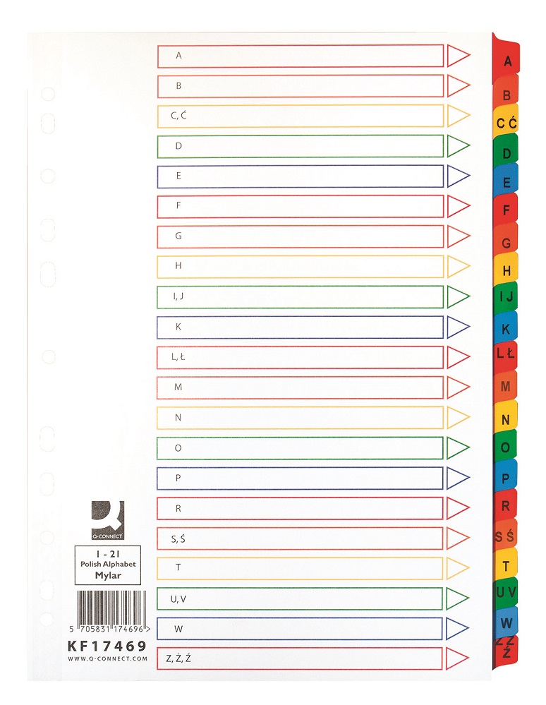Index carton alb Mylar alfabetic A-Z, margine PP color, A4, 170g/mp, Q-Connect
