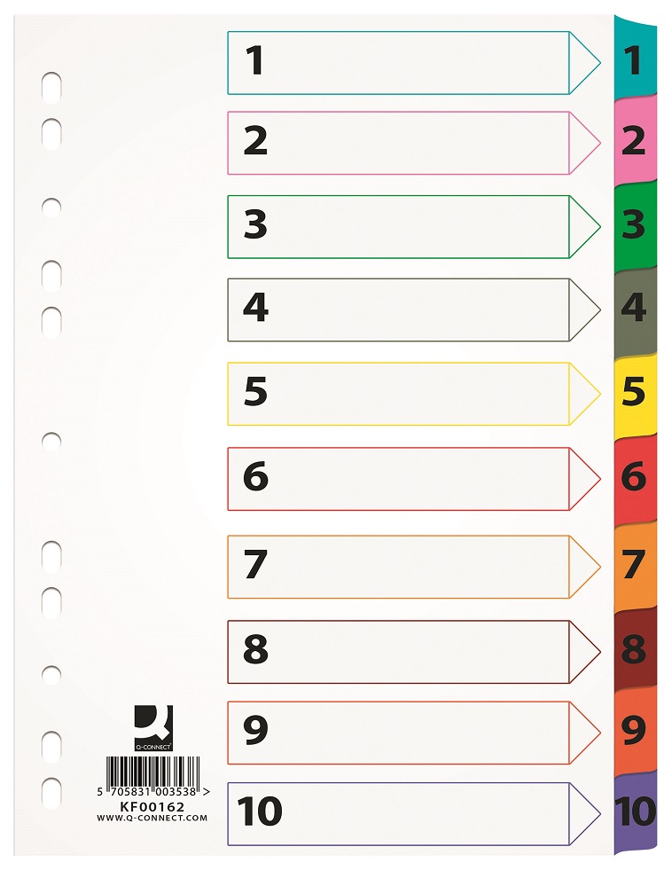 Index carton alb Mylar numeric 1-10, margine PP color, A4, 170g/mp, Q-Connect