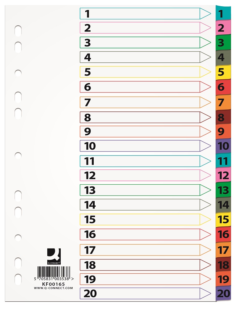 Index carton alb Mylar numeric 1-20, margine PP color, A4, 170g/mp, Q-Connect