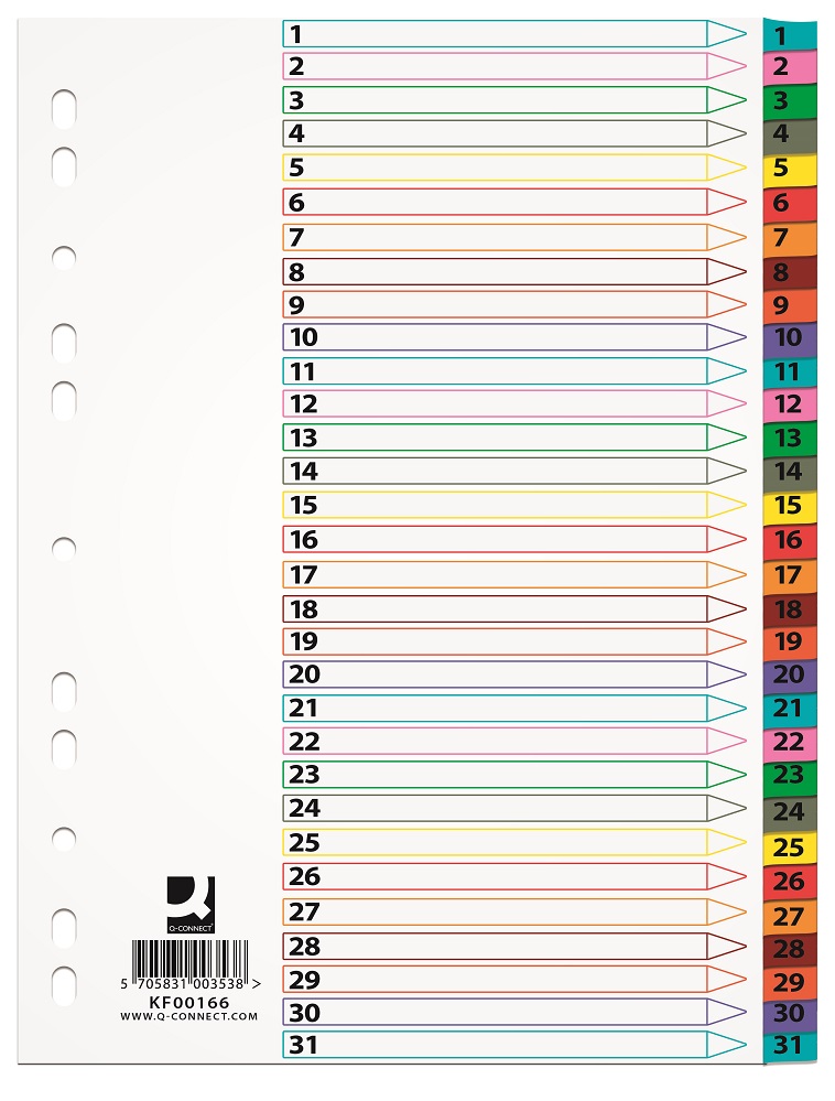 Index carton alb Mylar numeric 1-31, margine PP color, A4, 170g/mp, Q-Connect