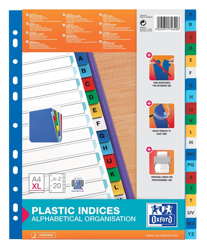 Index plastic color alfabetic A-Z, A4 XL, 120 microni, OXFORD