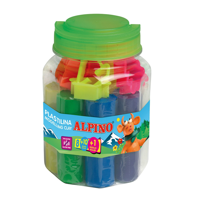 Kit 8 culori x 80gr. plastilina + 10 forme modelaj + roller, ALPINO