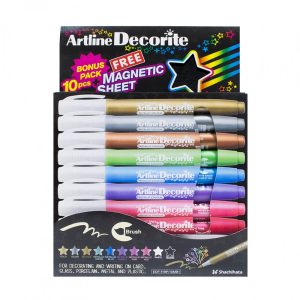 Marker ARTLINE Decorite, varf rotund 1.0mm, 10 culori metalizate/set + 1 folie magnetica neagra
