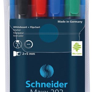 Marker SCHNEIDER Maxx 293, pentru tabla de scris+flipchart, varf tesit 2-5mm, 4 cul/set - (N,R,A,V)