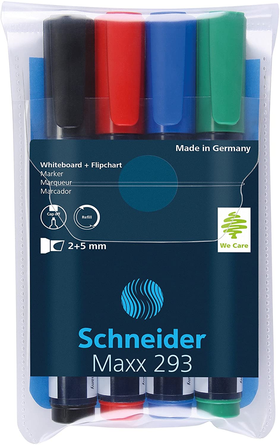 Marker SCHNEIDER Maxx 293, pentru tabla de scris+flipchart, varf tesit 2-5mm, 4 cul/set - (N,R,A,V)