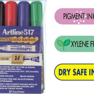 Marker pentru tabla de scris ARTLINE 517 - Dry safe ink, varf rotund 2.0mm, 4 culori/set