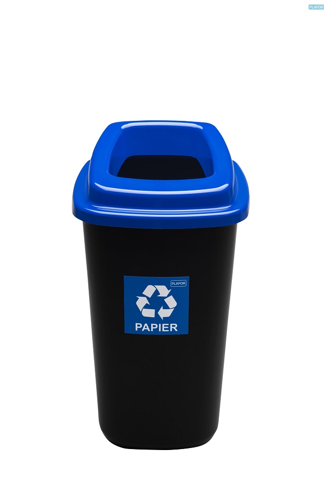 Cos plastic reciclare selectiva, capacitate 28l, PLAFOR Sort - negru cu capac albastru - hartie
