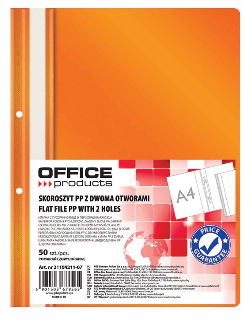 Dosar plastic PP cu sina, cu gauri, grosime 100/170microni, 50 buc/set, Office Products - orange