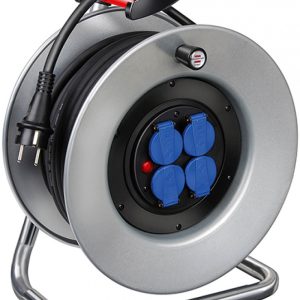 Prelungitor cu roata metalica, BRENNENSTUHL, 4 prize laterale cu capac, cablu 25 m - negru/argintiu