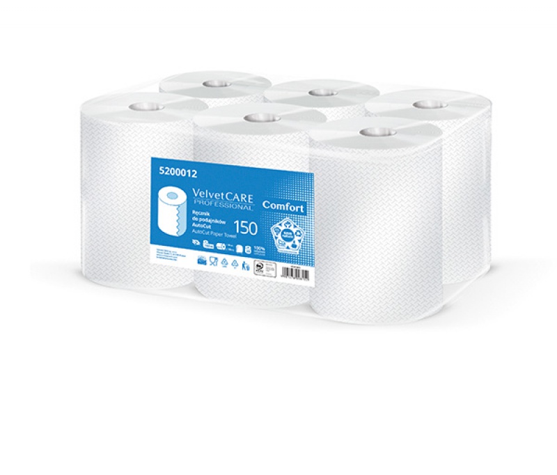 Rola prosop hartie alba, 2 straturi, 150m, 6 role/bax, pt. dispenser autocut, VELVET Professional