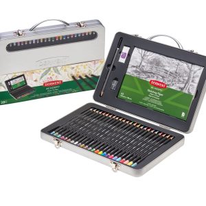 Set complet pentru desen DERWENT Academy, cutie metalica, creioane colorate, 28 buc/set, culori meta