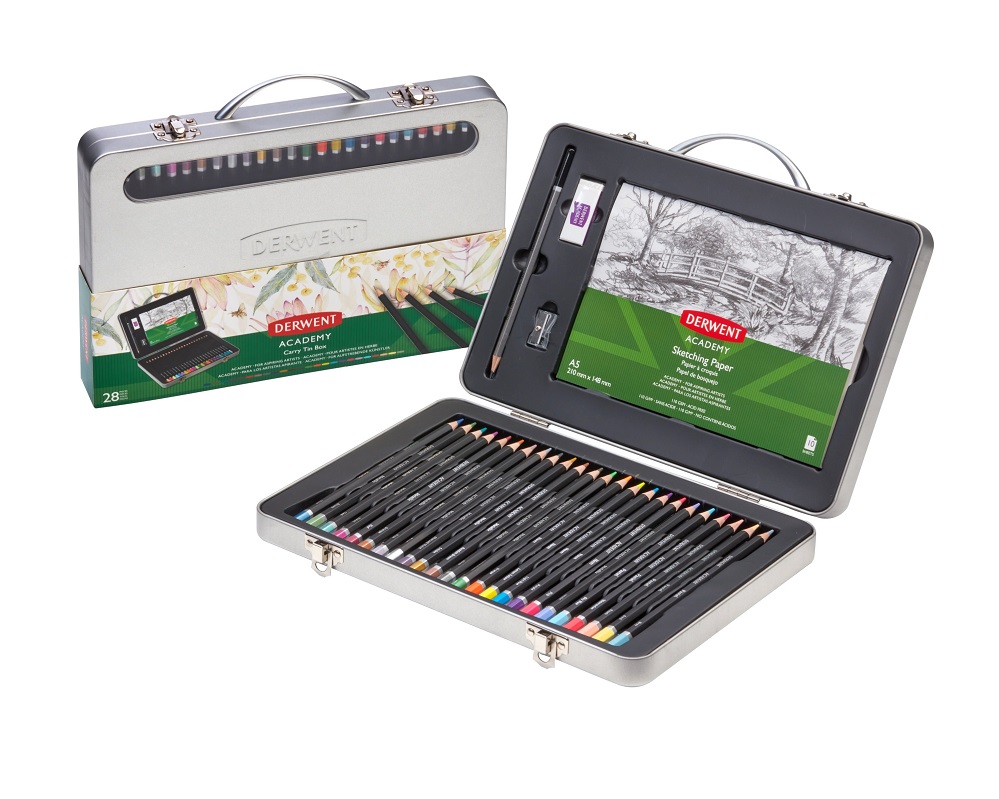 Set complet pentru desen DERWENT Academy, cutie metalica, creioane colorate, 28 buc/set, culori meta