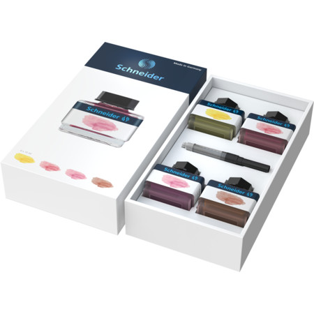 Set cerneala pastel SCHNEIDER, cutie cadou, 4 x 15ml lemon cake, blush, rose, cognac + 1 convertor