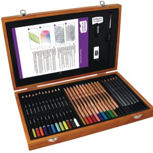 Set complet pentru schite si desen DERWENT Academy, cutie din lemn, creioane colorate, acuarela si g