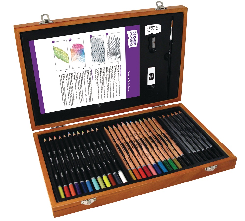 Set complet pentru schite si desen DERWENT Academy, cutie din lemn, creioane colorate, acuarela si g