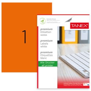 Etichete color autoadezive, 1/A4, 210 x 297mm, 25 coli/top, TANEX - orange fluorescent