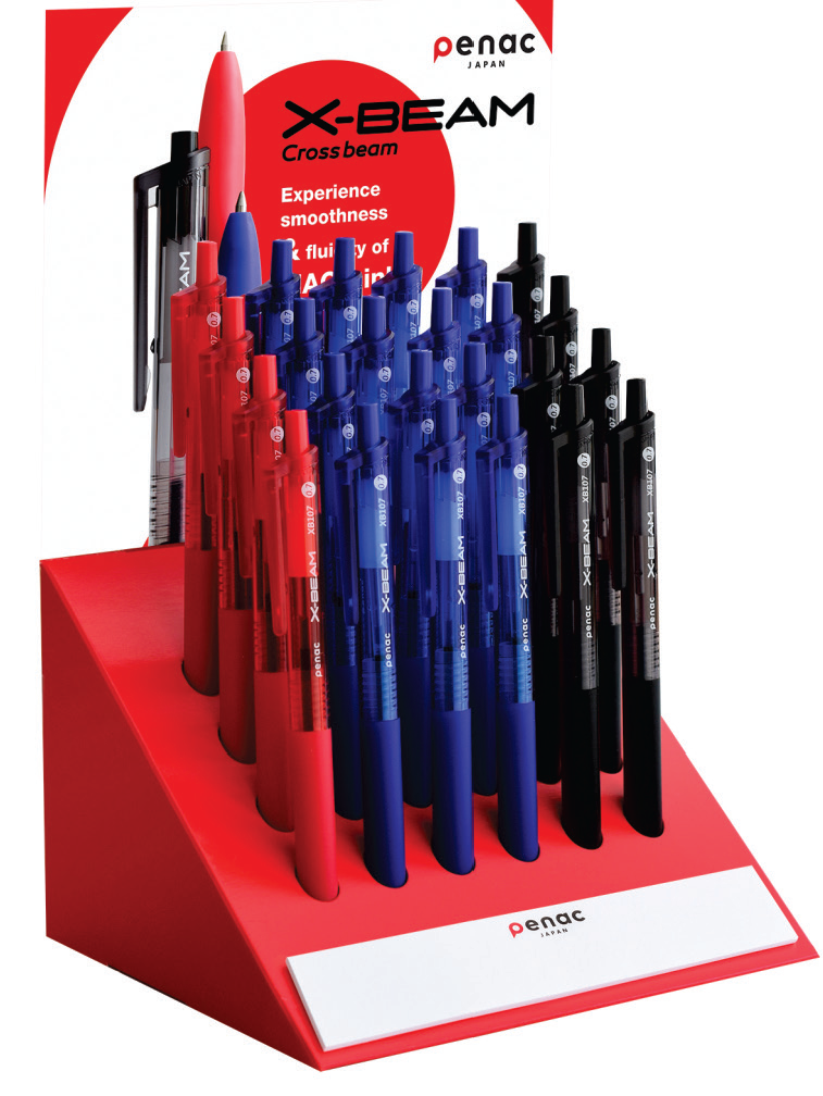 Display pixuri PENAC X-Beam, rubber grip, clema plastic, 0.7mm, 24 buc/display - culori asortate