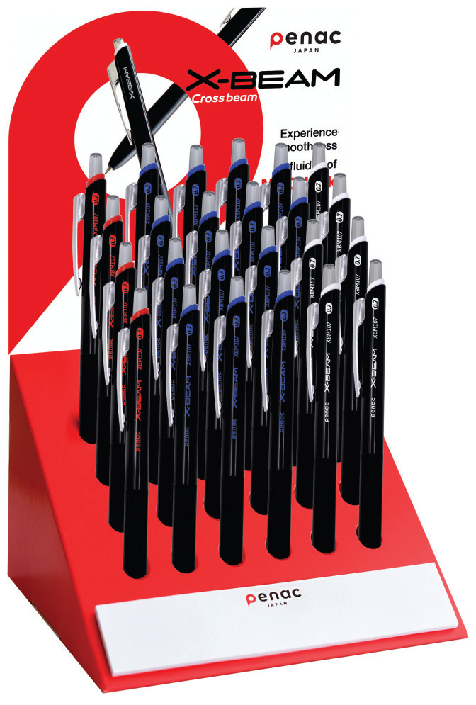 Display pixuri PENAC X-Beam, rubber grip, clema metalica, 0.7mm, 24 buc/display - culori asortate