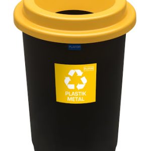 Cos plastic reciclare selectiva, capacitate 50l, PLAFOR Eco - negru cu capac galben - plastic